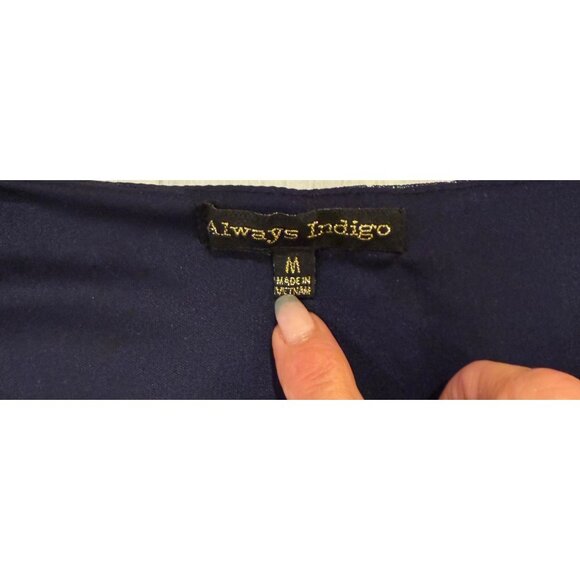 Always Indigo Womens M V-Neck Peplum Blouse Navy/White Patterned Lace-Up - Picture 5 of 8